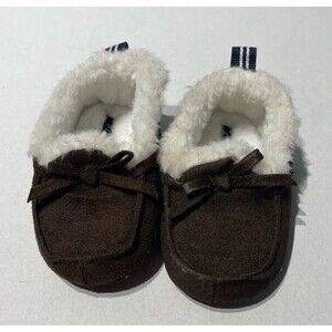 Nautica Suede Moccasin Crib Shoes Brown with White Faux Fur Lining Size 3